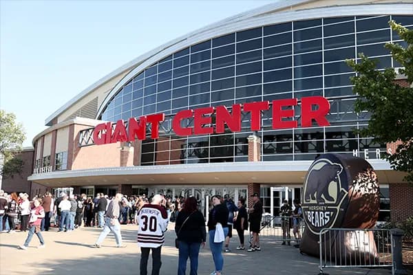 Fans gathered outside of the GIANT Center before a Hershey Bears game.